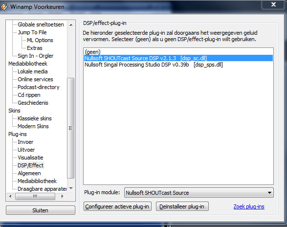Streamen naar SHOUTcast met Winamp voorkeuren dsp plugins
